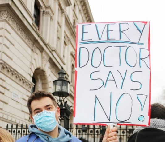 Junior doctors during a demonstration in February – they say ‘No!’ to the new contract
