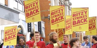 Ritzy strikers rallying yesterday – Hackney Picture House cinema workers have voted 100% to join their strike
