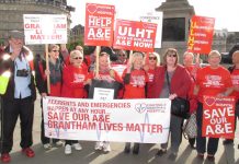 Fighting 4 Grantham Hospital campaigners taking part in yesterday’s protest demanding the reopening of their 24-hour A&E