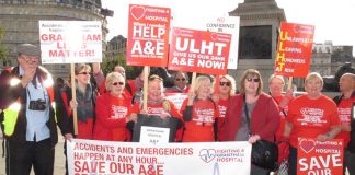 Fighting 4 Grantham Hospital campaigners taking part in yesterday’s protest demanding the reopening of their 24-hour A&E