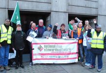 Striking Southern rail guards on the picket line yesterday morning at Victoria station – they are out again today and tomorrow