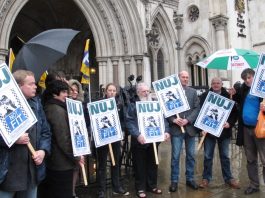 NUJ protest outside London’s High Court in 2012 as police tried to force photographers covering the eviction of Travellers from their site at Dale Farm in east London to hand over all their images of the eviction