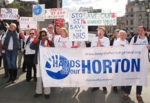 ‘Hands off our Horton’ demand demonstrators from North Oxfordshire in Trafalgar Square, London on October 10th