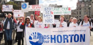 ‘Hands off our Horton’ demand demonstrators from North Oxfordshire in Trafalgar Square, London on October 10th