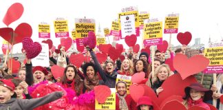 A ‘Refugees Welcome’ rally on the Millennium Bridge yesterday morning makes its message very clear