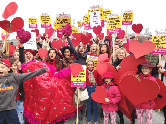 A ‘Refugees Welcome’ rally on the Millennium Bridge yesterday morning makes its message very clear