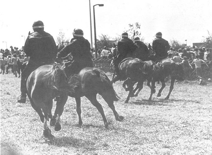 Mounted police cavalry charge striking miners at the Orgeave coke depot – Rudd announced no inquiry into police violence