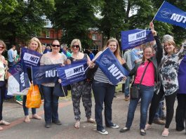 Strking teachers in Norwich assemble before going on a demonstration