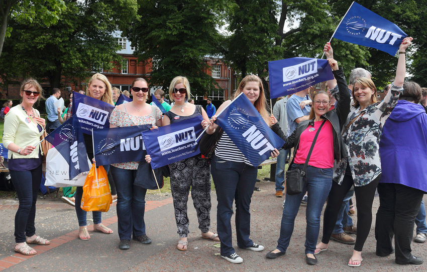 Strking teachers in Norwich assemble before going on a demonstration