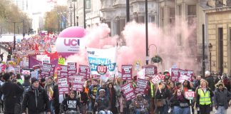 The front of Saturday’s 15,000-strong march of students and lecturers