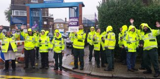 Ambulance workers on the picket line outside Deptford Ambulance Station striking over pay – there is a massive lack of ambulance staff, creating an enormous crisis