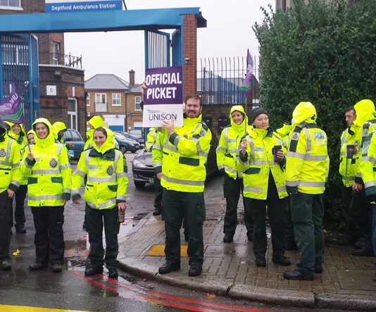 Ambulance workers on the picket line outside Deptford Ambulance Station striking over pay – there is a massive lack of ambulance staff, creating an enormous crisis