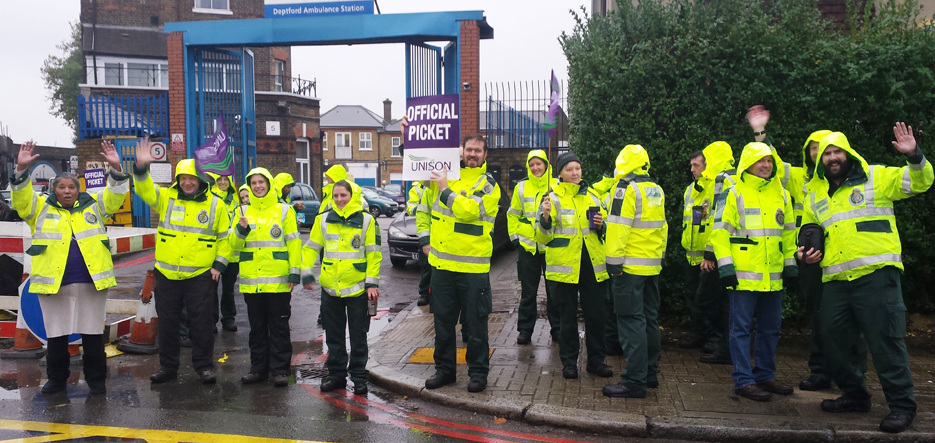 Ambulance workers on the picket line outside Deptford Ambulance Station striking over pay – there is a massive lack of ambulance staff, creating an enormous crisis