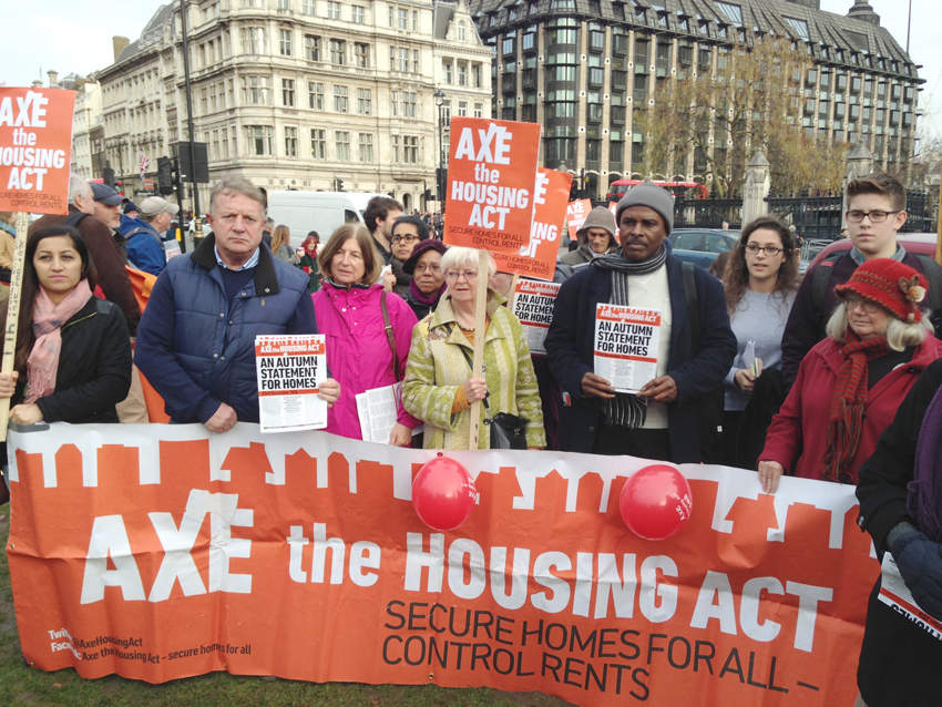 Protest against the Housing Act outside Parliament as Tory Chancellor Hammond delivered his Autumn Statement