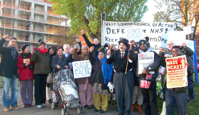 A lively mass picket of Ealing Hospital yesterday morning demanded the reopening of the maternity and children’s services