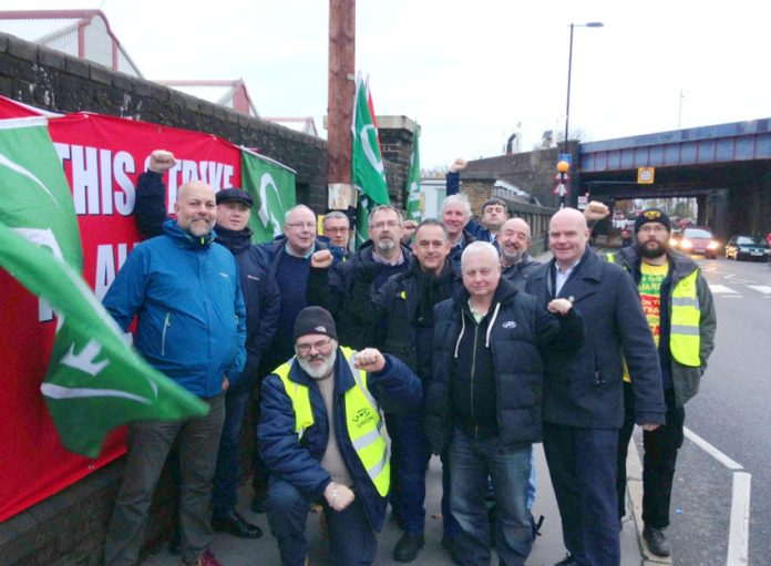 Striking Southern rail guards on the picket line at the Selhurst depot on November 23rd. Photo credit RMT