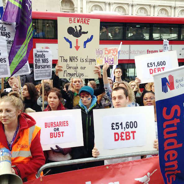 Student nurses and midwives campaigning against the ending of bursaries – now they are to be saddled with £51,600 of fee debt