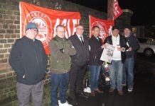 Southern rail Aslef pickets at the Selhurst depot yesterday morning