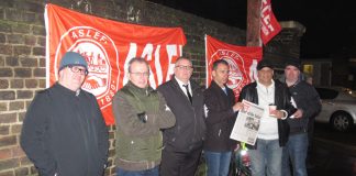 Southern rail Aslef pickets at the Selhurst depot yesterday morning