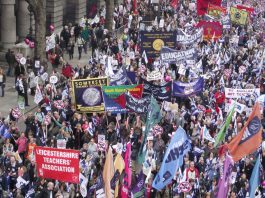 STATE SCHOOLS ‘£3bn SAVINGS’ = MOST SAVAGE CUTS EVER! NUT banners on a TUC demonstration against Tory government cuts
