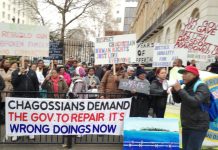 Hundreds of Chagossians rally outside the Foreign Office condemning the British government for preventing them from returning home to the Chagos Islands