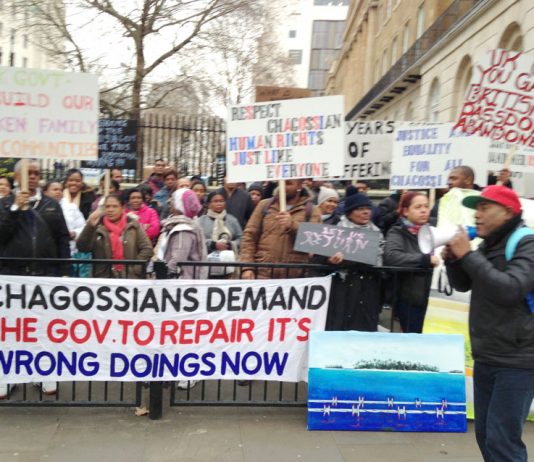 Hundreds of Chagossians rally outside the Foreign Office condemning the British government for preventing them from returning home to the Chagos Islands