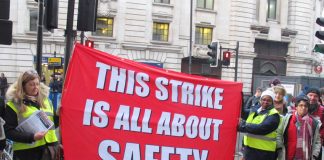 RMT pickets at Victoria Station emphasising what the Southern rail strike is all about