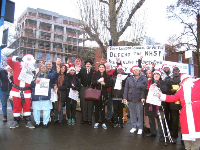 Lively mass Xmas picket of Ealing Hospital yesterday morning demanding that the STP closure plans are thrown out