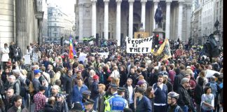 Workers demonstrate outside the Bank of England in 2009 – they are still paying the price for the bankers’ crash