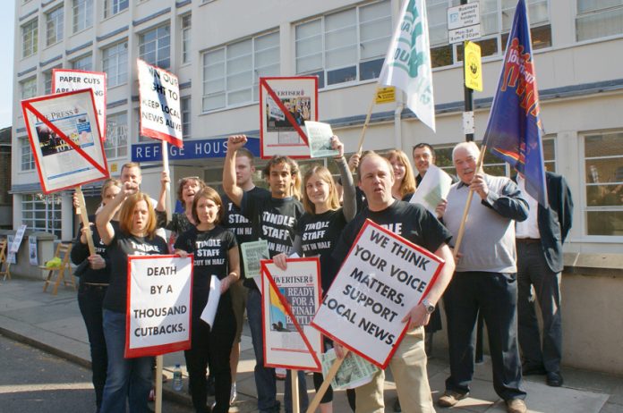 Striking Tindle newspaper workers in Enfield fighting against job cuts – 200 newspapers have been shut down since 2005