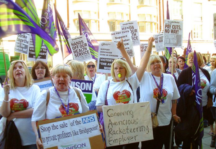 Doncaster care workers lobbying the Care UK head offices in London during their strike in 2014 – unions warn of a ‘funding black hole’
