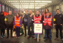 TSSA and RMT strikers on the picket line at Kings Cross Station yesterday morning – determined to defend jobs on the Tube