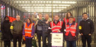 TSSA and RMT strikers on the picket line at Kings Cross Station yesterday morning – determined to defend jobs on the Tube