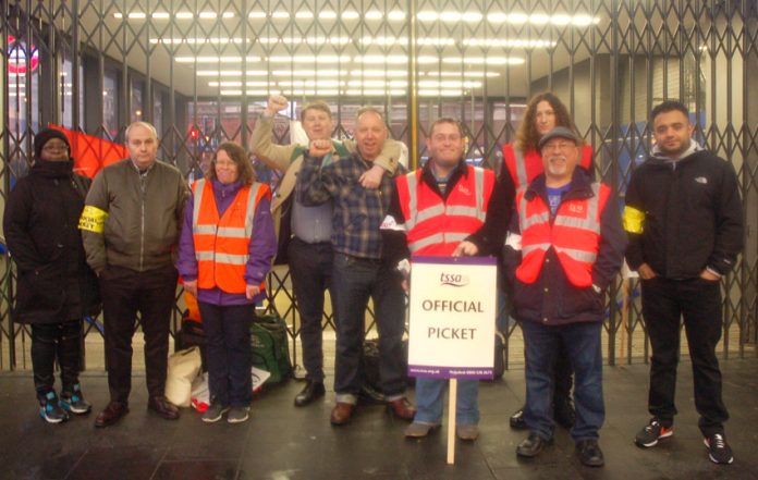 TSSA and RMT strikers on the picket line at Kings Cross Station yesterday morning – determined to defend jobs on the Tube