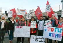 Striking British Airways mixed fleet cabin crew on the picket line at Heathrow Airport yesterday morning