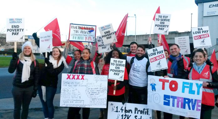 Mixed fleet cabin crew are starting a three-day strike today against poverty pay. Picture shows picket line at Heathrow on Tuesday January 10th