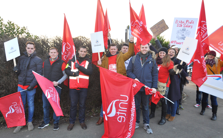 Striking BA cabin crews leaving yesterday’s early morning rally to set up picket lines around Heathrow Airport
