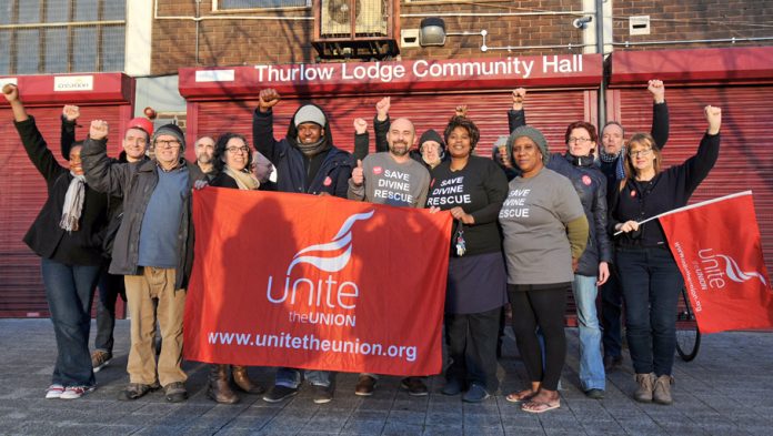 Thurlow Park Community Centre Occupation. Supporters with Unite the union banner, who saw the council off in Round One. (Photocredit: Denis McWilliams)