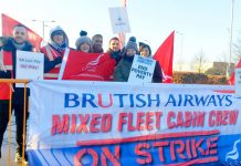 Striking BA Mixed Fleet Cabin Crew on the picket line at Heathrow Airport yesterday morning