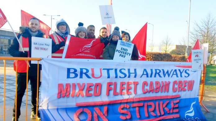 Striking BA Mixed Fleet Cabin Crew on the picket line at Heathrow Airport yesterday morning