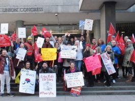 Striking cabin crew rally on the steps of the TUC in Great Russell Street