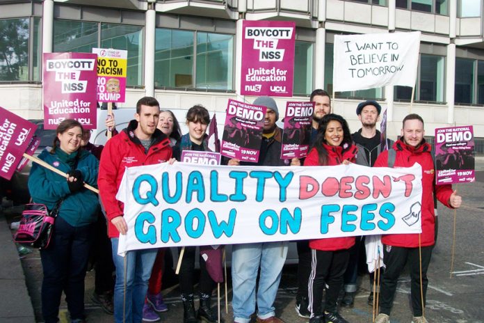 Students on the NUS and UCU joint demonstration last November – they oppose the Tory move to charge different fees at each and every university dependent on the ‘quality of education’