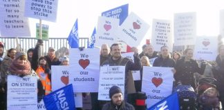 Teachers were joined by parents on the picket line at Alec Reed Academy during their strike against harassment and bullying