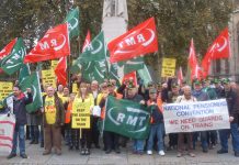 RMT along with the TSSA and the National Pensioners Convention insist outside Parliament ‘We need guards on trains’