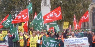RMT along with the TSSA and the National Pensioners Convention insist outside Parliament ‘We need guards on trains’