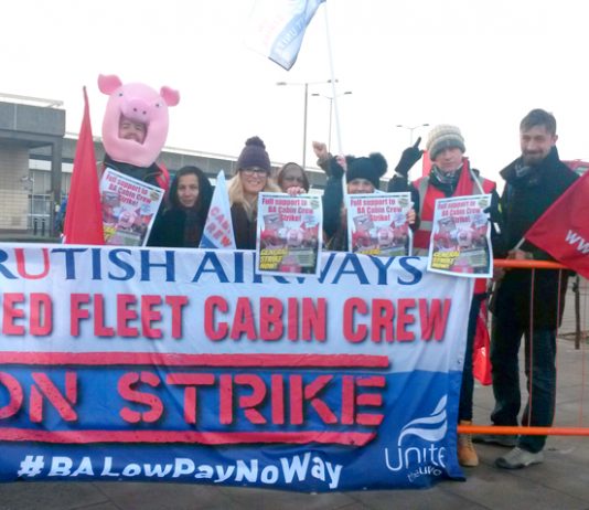 BA mixed fleet cabin crew launch the first day of their six days of strike action at Hatton Cross, Heathrow yesterday morning