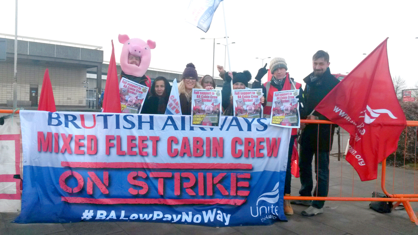 BA mixed fleet cabin crew launch the first day of their six days of strike action at Hatton Cross, Heathrow yesterday morning