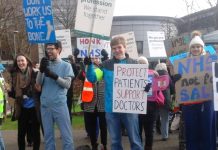 Striking junior doctors and supporters outside London’s North Middlesex Hospital – its A&E is now threatened with closure