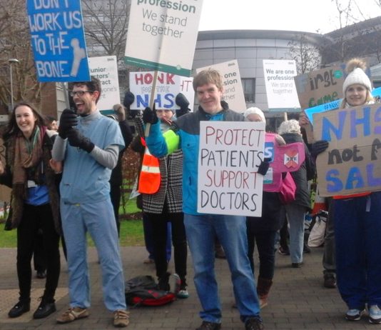 Striking junior doctors and supporters outside London’s North Middlesex Hospital – its A&E is now threatened with closure