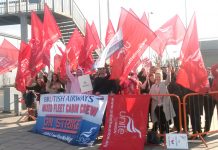 Striking BA mixed fleet cabin crew on the picket line at Heathrow Airport yesterday morning